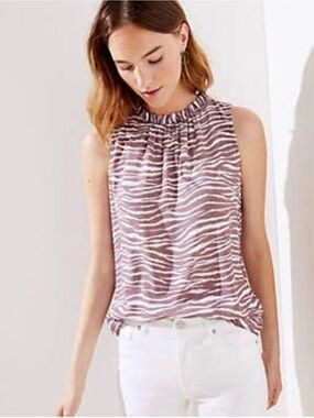 LOFT Brown & White Zebra Print Tie Back Sleeveless Blouse Small